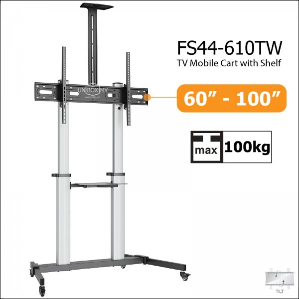 Brateck FS44-610TW 60-100 inch Heavy Duty Height Adjustable Large TV Trolley Cart Stand